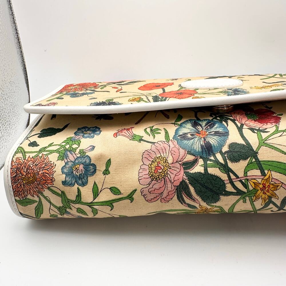 Gucci Vintage 80s Flora Flap Clutch Bag Ecru Canvas White Leather Trim READ - Picture 4 of 16
